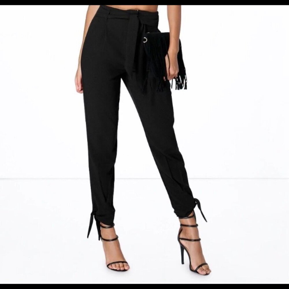 NWT Boohoo Black Tie Waist & Tie Ankle Trousers Size 10 Minimalist Trousers